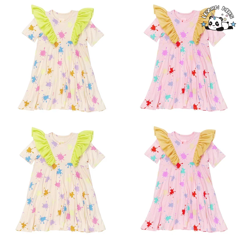 LEZONKIDS - Customizable Latest Design Color Block Ruffle Sleeves Casual Girls Dresses for Summer